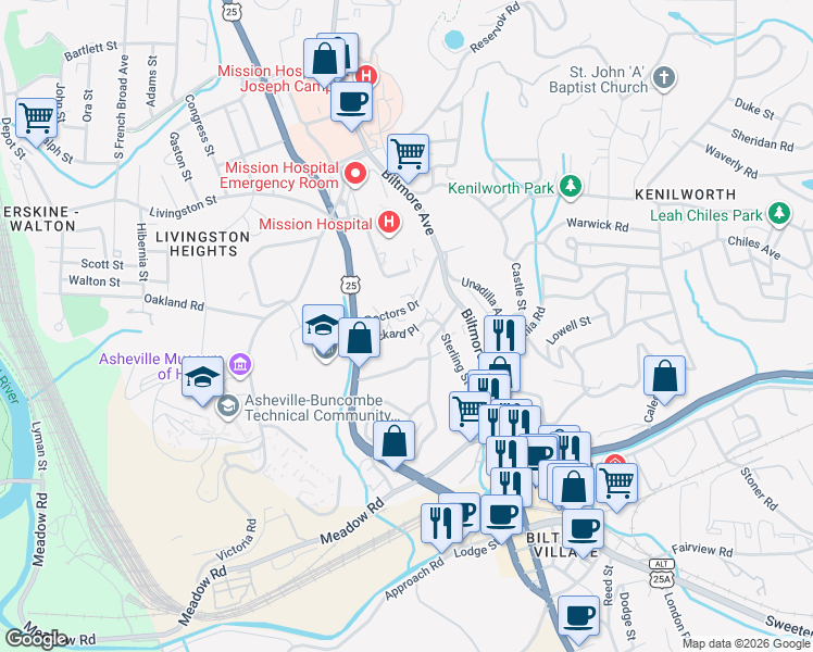 map of restaurants, bars, coffee shops, grocery stores, and more near 615 Biltmore Avenue in Asheville
