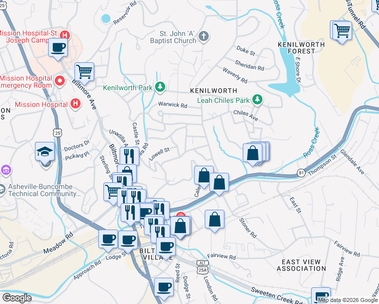 map of restaurants, bars, coffee shops, grocery stores, and more near 9 Kenilworth Road in Asheville