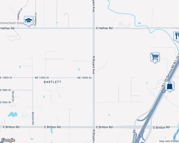 map of restaurants, bars, coffee shops, grocery stores, and more near 10201 North Bryant Avenue in Oklahoma City