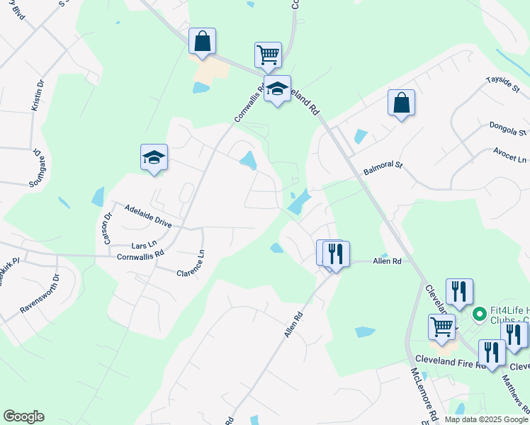 map of restaurants, bars, coffee shops, grocery stores, and more near 32 Iroquois Court in Garner