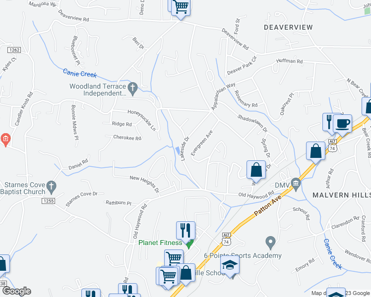 map of restaurants, bars, coffee shops, grocery stores, and more near 45 Lakeside Drive in Asheville