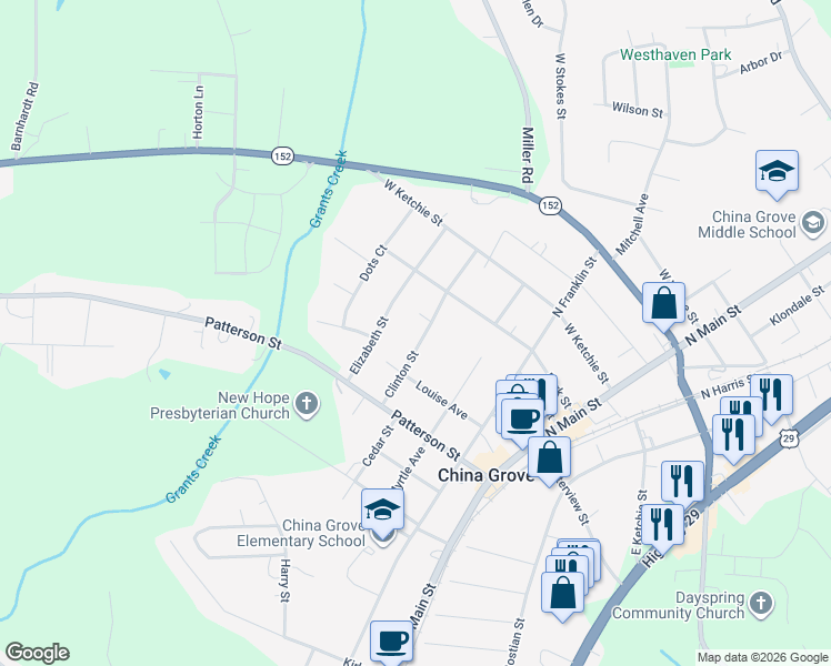 map of restaurants, bars, coffee shops, grocery stores, and more near 101 Clinton Street in China Grove