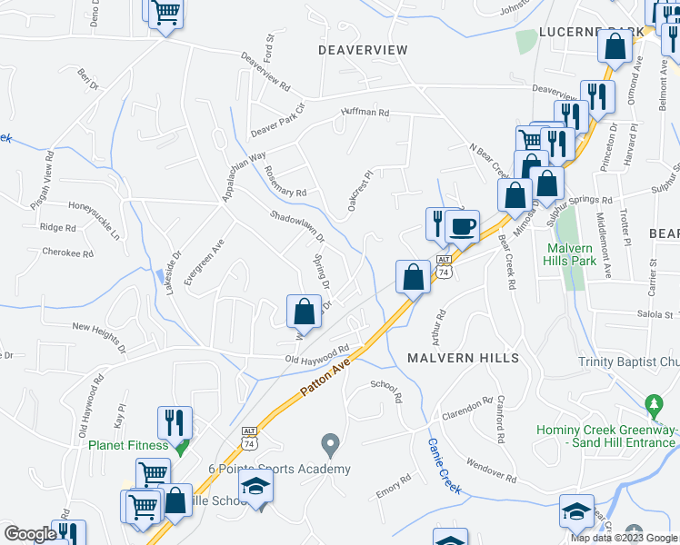 map of restaurants, bars, coffee shops, grocery stores, and more near 10 Shadowlawn Drive in Asheville