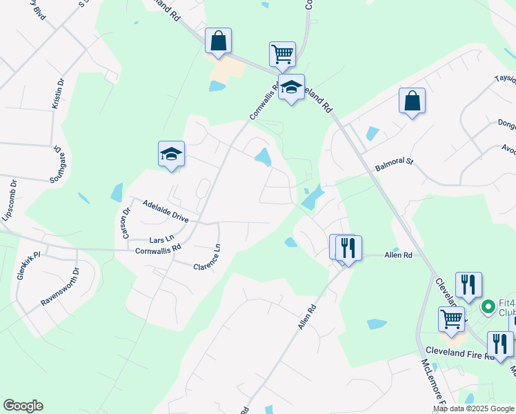 map of restaurants, bars, coffee shops, grocery stores, and more near 119 Iroquois Court in Garner