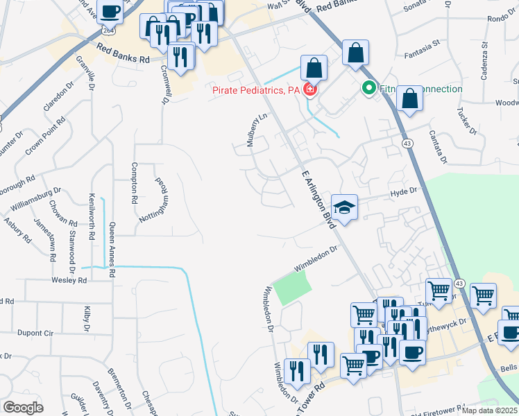 map of restaurants, bars, coffee shops, grocery stores, and more near 2926 Mulberry Lane in Greenville