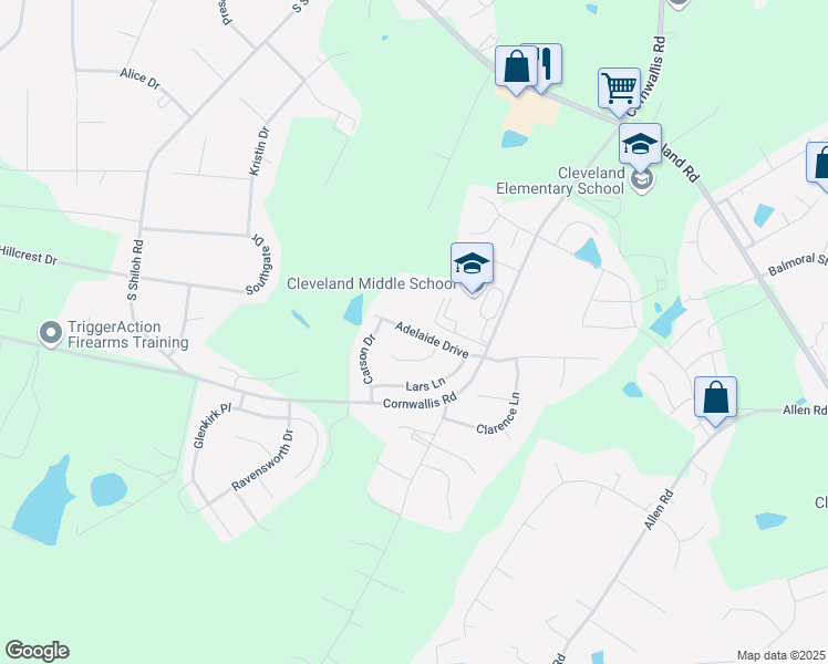 map of restaurants, bars, coffee shops, grocery stores, and more near 60 Adelaide Drive in Garner
