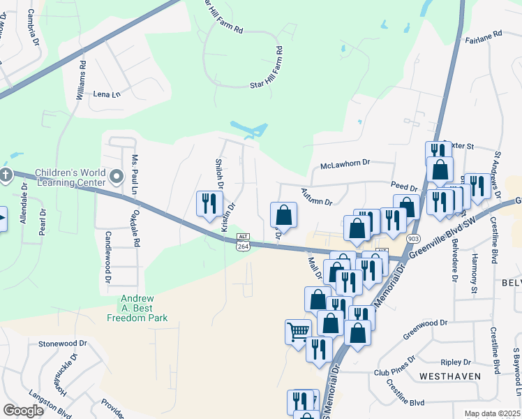 map of restaurants, bars, coffee shops, grocery stores, and more near 3102 Sherwin Drive in Greenville