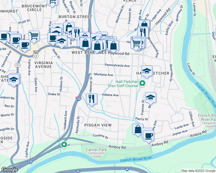 map of restaurants, bars, coffee shops, grocery stores, and more near 77 Alabama Avenue in Asheville
