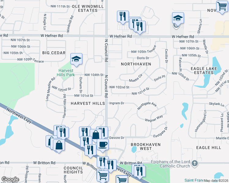 map of restaurants, bars, coffee shops, grocery stores, and more near 7912 Northwest 102nd Street in Oklahoma City