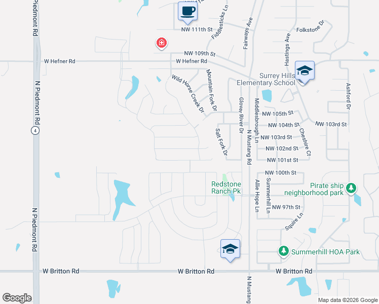 map of restaurants, bars, coffee shops, grocery stores, and more near 10061-10437 North Mustang Road in Yukon