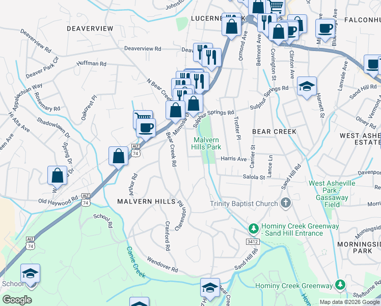 map of restaurants, bars, coffee shops, grocery stores, and more near 62 Madeline Avenue in Asheville