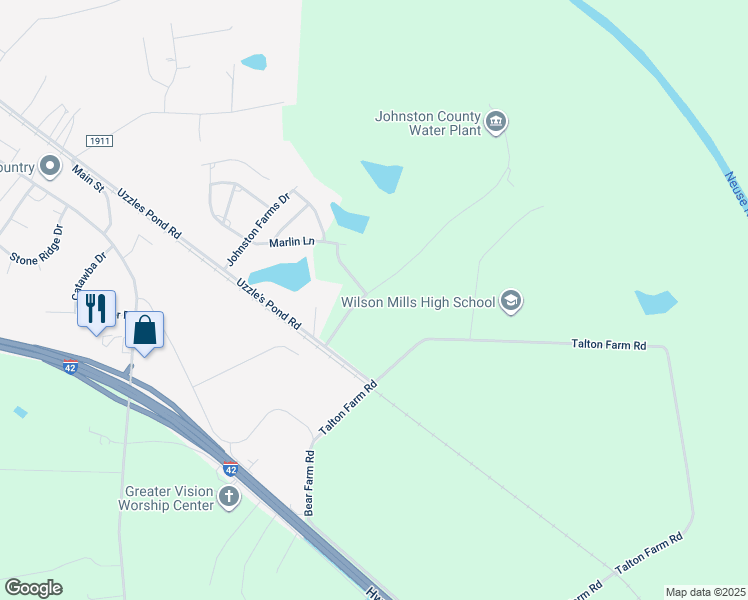 map of restaurants, bars, coffee shops, grocery stores, and more near 128 Clear Water Dr in Smithfield