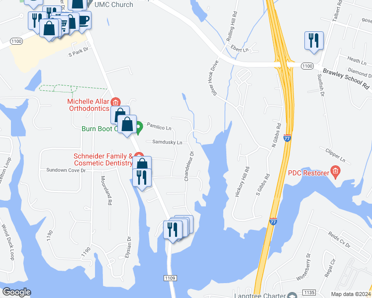 map of restaurants, bars, coffee shops, grocery stores, and more near 219 Chandeleur Drive in Mooresville