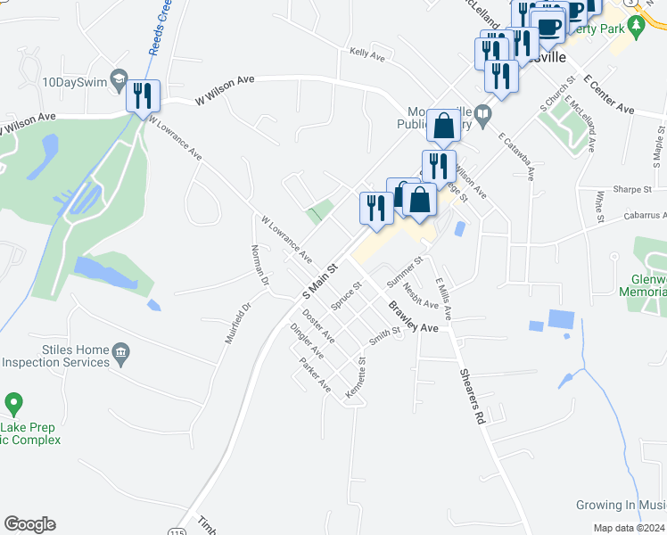 map of restaurants, bars, coffee shops, grocery stores, and more near 630 South Main Street in Mooresville