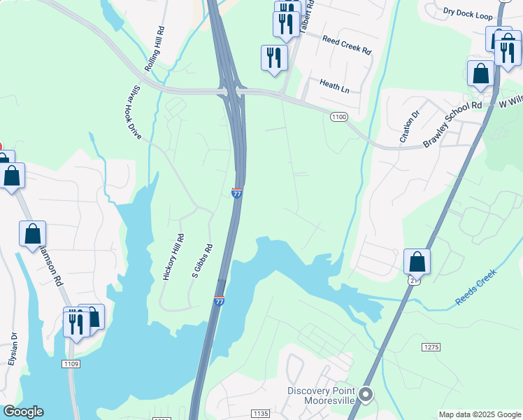 map of restaurants, bars, coffee shops, grocery stores, and more near Clipper Lane in Mooresville