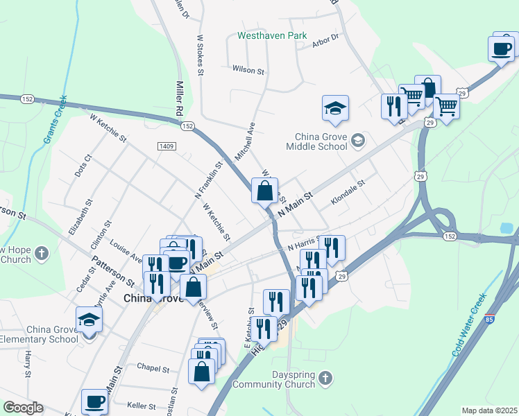 map of restaurants, bars, coffee shops, grocery stores, and more near 109 West Church Street in China Grove