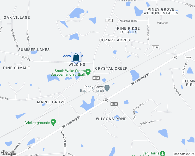 map of restaurants, bars, coffee shops, grocery stores, and more near 3113 Piney Grove-Wilbon Road in Fuquay Varina