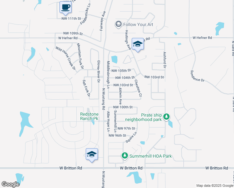 map of restaurants, bars, coffee shops, grocery stores, and more near 11304 Northwest 102nd Street in Yukon