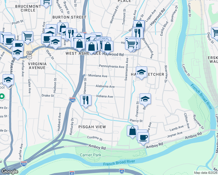 map of restaurants, bars, coffee shops, grocery stores, and more near 77 Alabama Avenue in Asheville