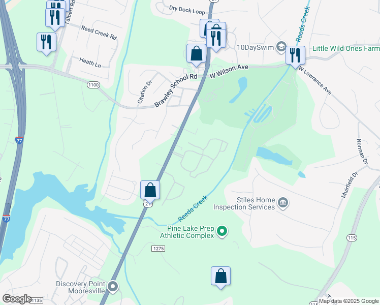 map of restaurants, bars, coffee shops, grocery stores, and more near 7 Longford Way in Mooresville