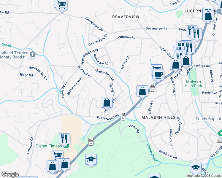map of restaurants, bars, coffee shops, grocery stores, and more near 14 Spring Dr in Asheville