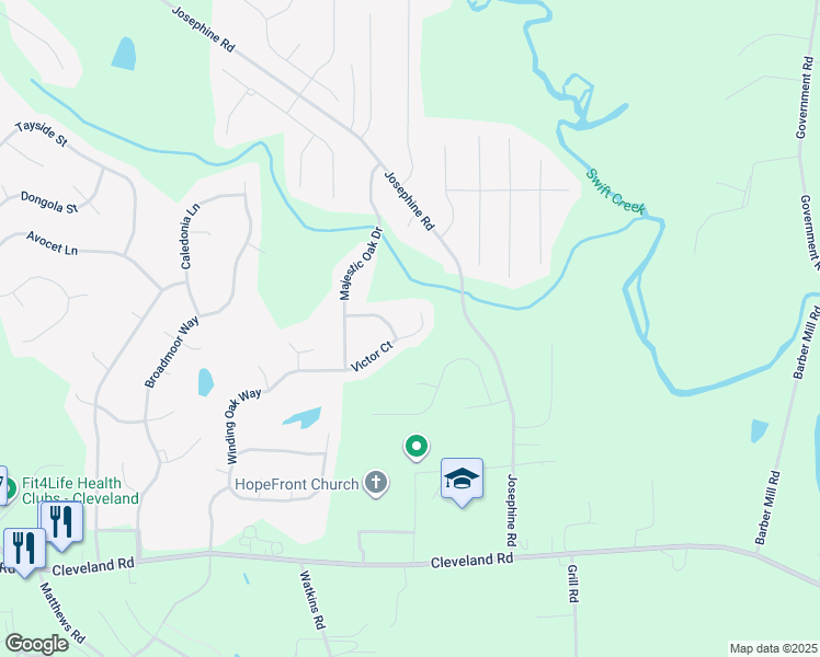 map of restaurants, bars, coffee shops, grocery stores, and more near 271 Victor Court in Garner