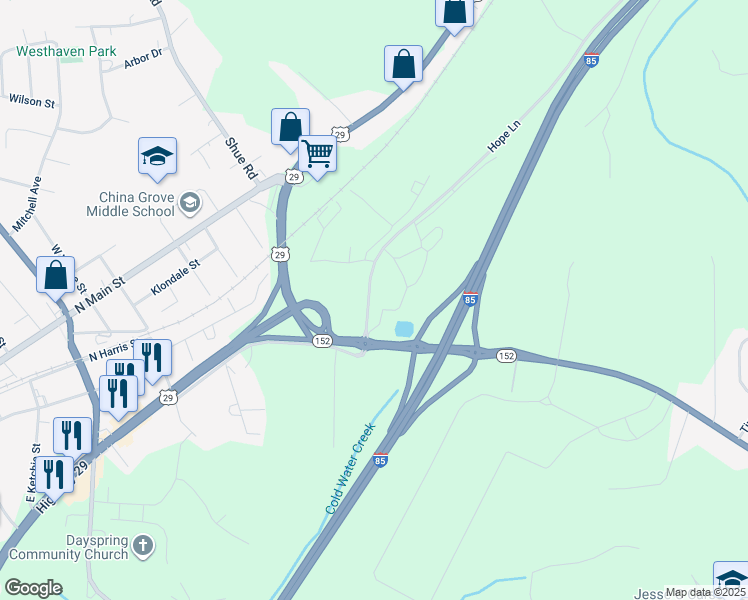 map of restaurants, bars, coffee shops, grocery stores, and more near 250 Yost Town Road in China Grove