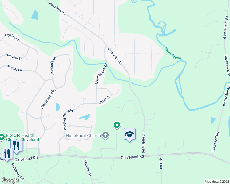 map of restaurants, bars, coffee shops, grocery stores, and more near 271 Victor Court in Garner