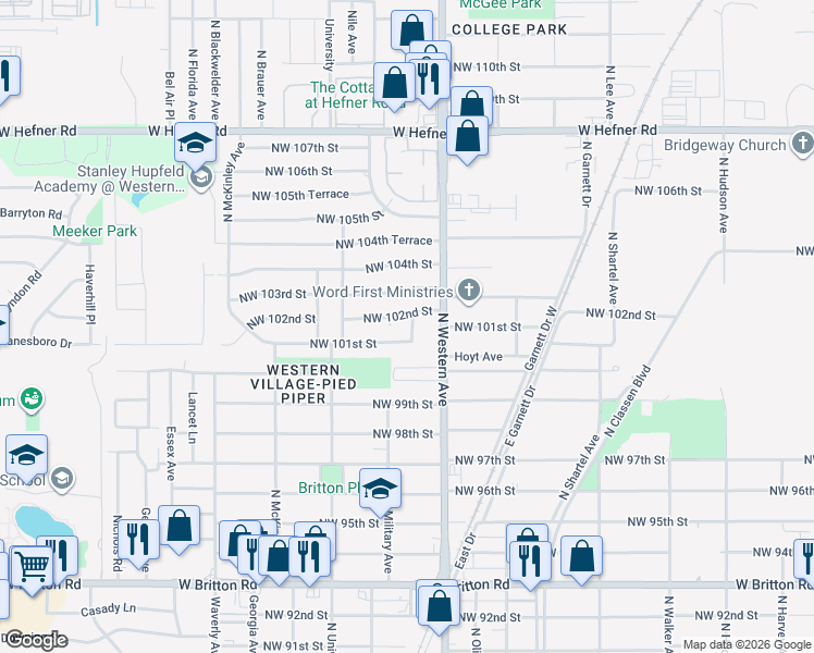 map of restaurants, bars, coffee shops, grocery stores, and more near 1132 Northwest 102nd Street in Oklahoma City