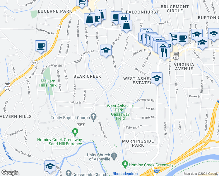 map of restaurants, bars, coffee shops, grocery stores, and more near 240 Sand Hill Road in Asheville