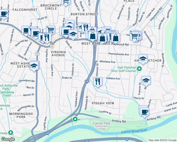 map of restaurants, bars, coffee shops, grocery stores, and more near 175 State Street in Asheville