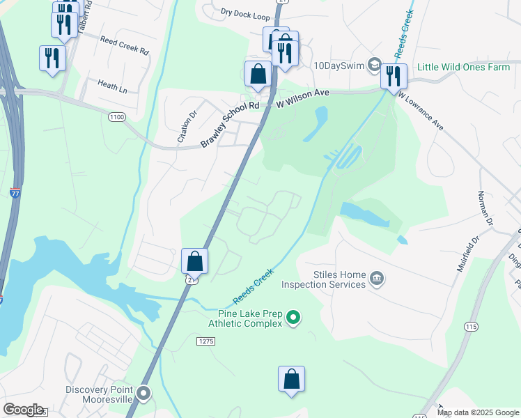 map of restaurants, bars, coffee shops, grocery stores, and more near 7 Longford Way in Mooresville