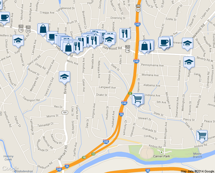 map of restaurants, bars, coffee shops, grocery stores, and more near 81 Langwell Avenue in Asheville
