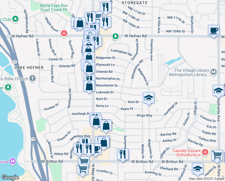 map of restaurants, bars, coffee shops, grocery stores, and more near 2721 Lakeside Drive in The Village