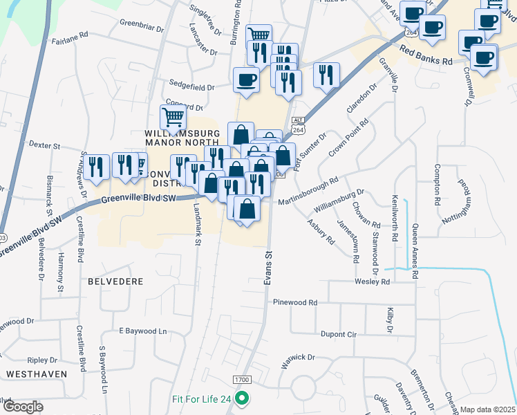 map of restaurants, bars, coffee shops, grocery stores, and more near 3130 Evans Street in Greenville