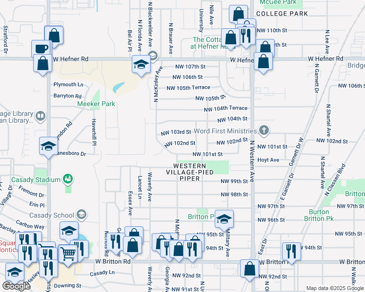 map of restaurants, bars, coffee shops, grocery stores, and more near 1320 Northwest 102nd Street in Oklahoma City
