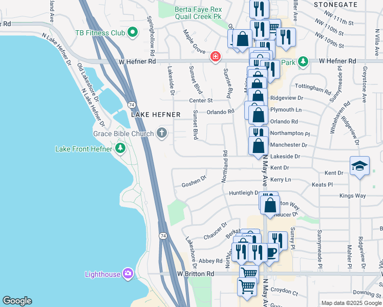 map of restaurants, bars, coffee shops, grocery stores, and more near 3129 Lakeside Drive in The Village