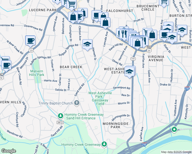 map of restaurants, bars, coffee shops, grocery stores, and more near 43 Vermont Court in Asheville