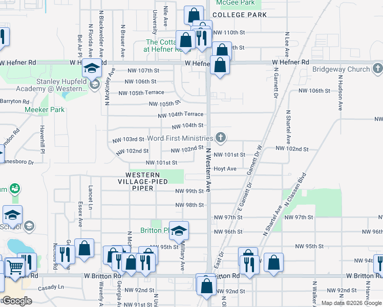 map of restaurants, bars, coffee shops, grocery stores, and more near 1132 Northwest 102nd Street in Oklahoma City