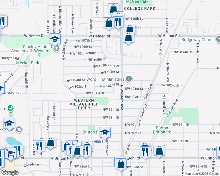 map of restaurants, bars, coffee shops, grocery stores, and more near 1132 Northwest 102nd Street in Oklahoma City