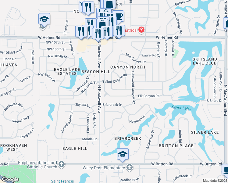 map of restaurants, bars, coffee shops, grocery stores, and more near 6928 Fawn Canyon Drive in Oklahoma City
