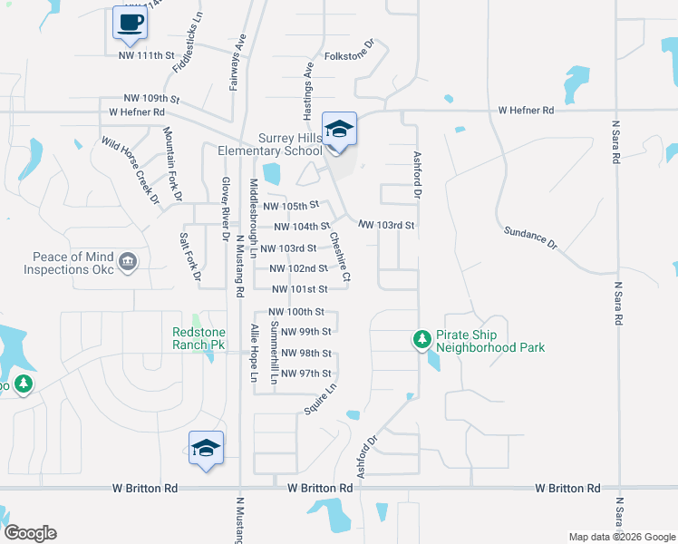 map of restaurants, bars, coffee shops, grocery stores, and more near 10212 Cheshire Court in Yukon