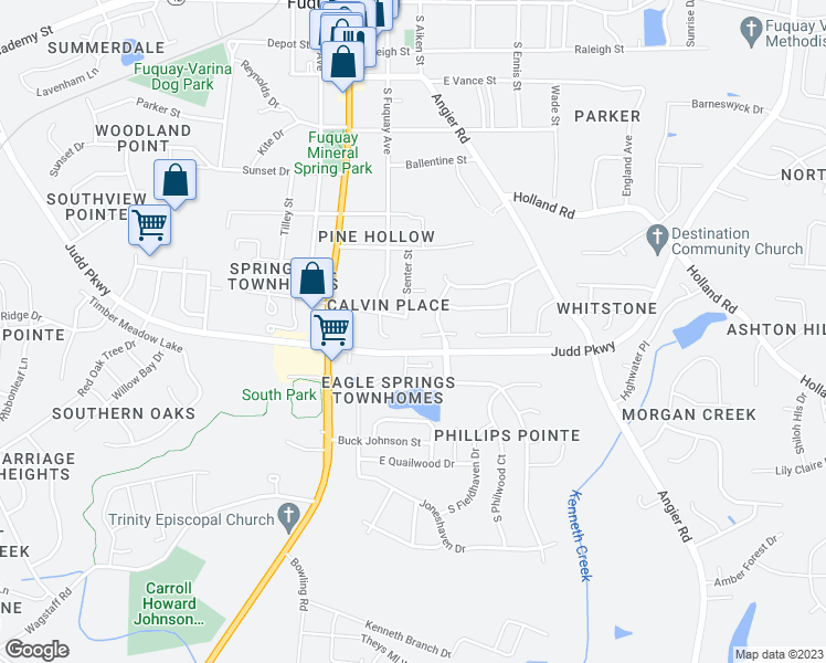 map of restaurants, bars, coffee shops, grocery stores, and more near 301 Ginwood Court in Fuquay Varina