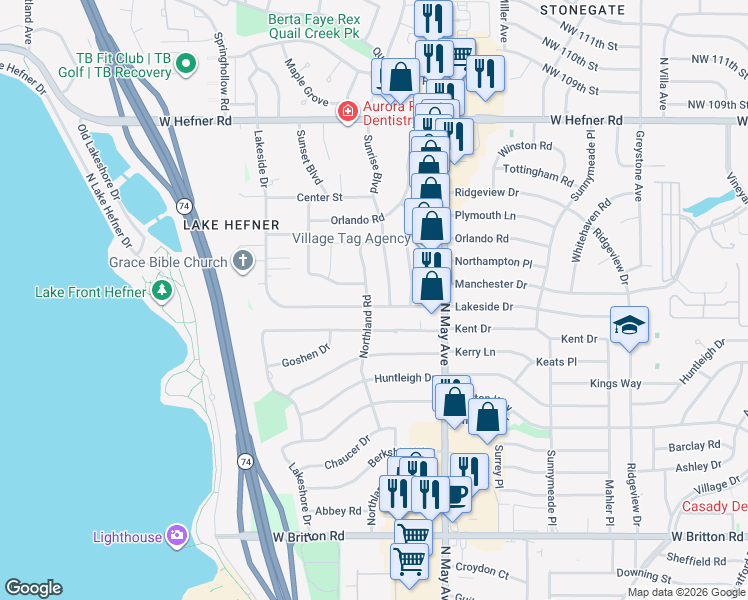 map of restaurants, bars, coffee shops, grocery stores, and more near 2957 Lakeside Drive in The Village