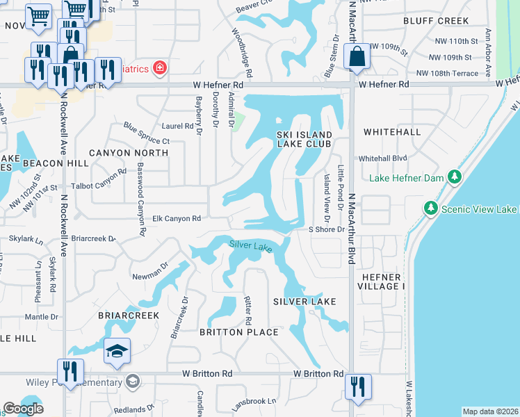 map of restaurants, bars, coffee shops, grocery stores, and more near 6301 West Captains Drive in Oklahoma City