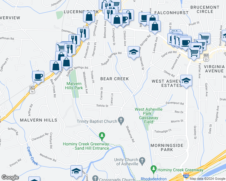 map of restaurants, bars, coffee shops, grocery stores, and more near 28 Woodgate Drive in Asheville