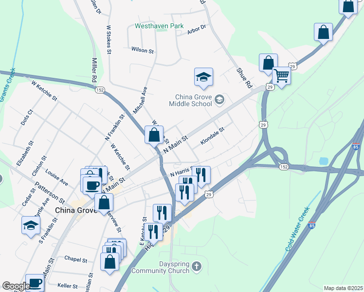 map of restaurants, bars, coffee shops, grocery stores, and more near 710 N Main St in China Grove