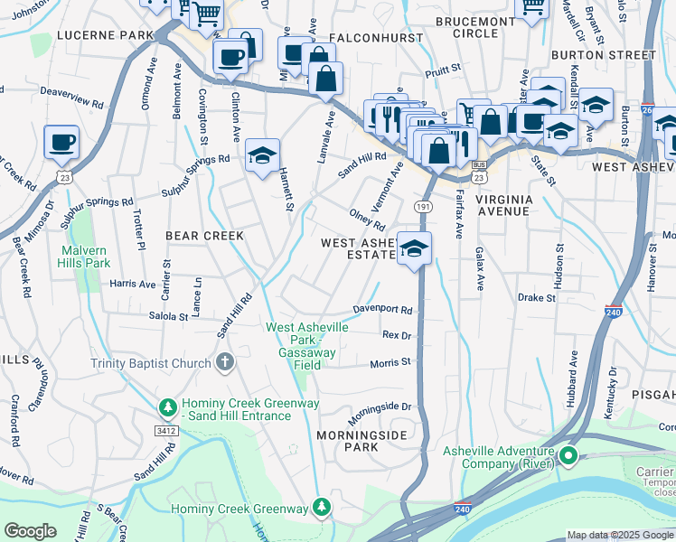 map of restaurants, bars, coffee shops, grocery stores, and more near 149 Vermont Avenue in Asheville