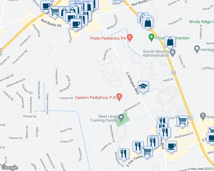 map of restaurants, bars, coffee shops, grocery stores, and more near 2924 Mulberry Lane in Greenville