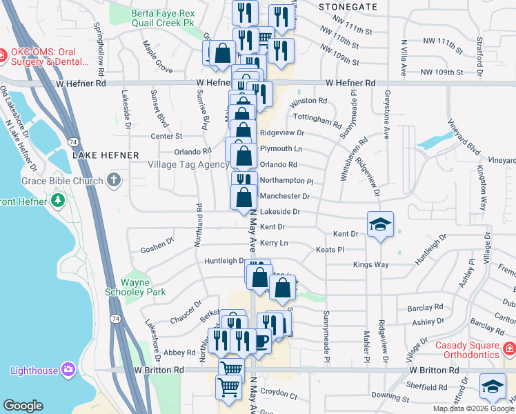 map of restaurants, bars, coffee shops, grocery stores, and more near 2907 Lakeside Circle in The Village